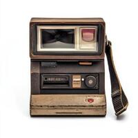A vintage instant camera with a classic design and a strap for portability. photo