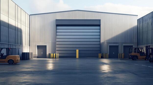 Industrial warehouse with loading area and forklifts in a spacious environment. photo