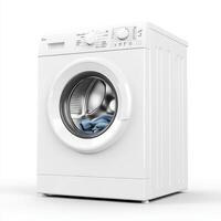 A modern washing machine with a front-loading design and a partially visible blue garment inside photo