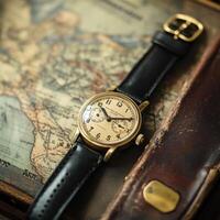 A vintage gold watch rests on an old leather map, symbolizing travel and exploration. photo