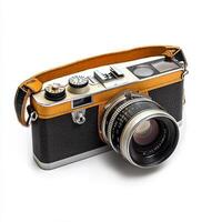 A vintage camera with a leather strap and a prominent lens, designed for photography. photo