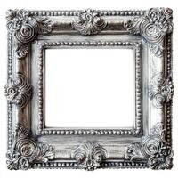 Ornate silver picture frame with intricate floral designs and a blank center for a photo. photo