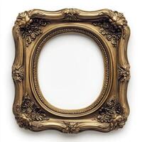 An ornate, vintage-style picture frame with floral designs, empty for artwork display. photo