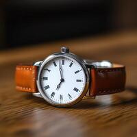 A classic wristwatch with a white face and brown leather strap, resting on a wooden surface. photo