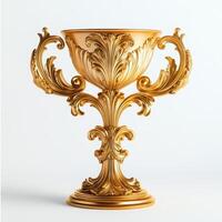 Ornate golden trophy with intricate designs and handles, symbolizing achievement and victory. photo