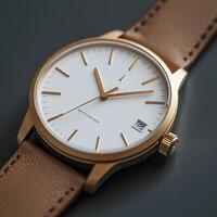A stylish watch with a minimalist design featuring a white dial and brown leather strap. photo