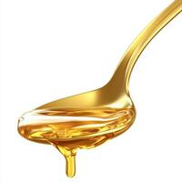 A close-up of honey dripping from a silver spoon against a white background photo