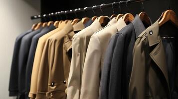 A display of stylish coats hanging on hangers in a clothing store. photo