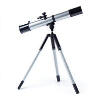 A silver telescope mounted on a tripod for observing celestial objects photo