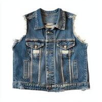 A sleeveless denim vest with a distressed look, featuring pockets and buttons. photo
