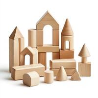 A collection of wooden building blocks arranged in various shapes for creative play photo