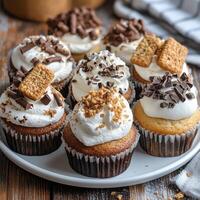 A plate of decorated cupcakes topped with frosting and various toppings photo