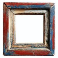 An empty, weathered wooden frame with a rustic design, ready for artwork or a photo. photo