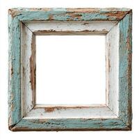 A rustic, weathered picture frame with a distressed turquoise and white finish. photo