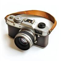 A vintage camera with a leather strap, designed for capturing photographs photo