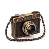 Vintage-style camera with leather accents and a decorative strap. photo