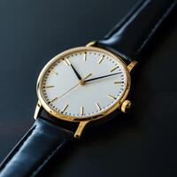 A minimalist gold watch with a white face and black leather strap. photo