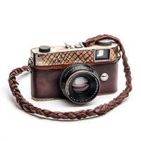 A vintage camera with a braided strap, showcasing classic design and photography purpose. photo