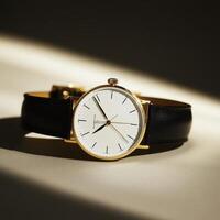 A minimalist gold watch with a white face and black leather strap, elegantly displayed in light. photo