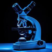 A modern microscope illuminated in blue, showcasing its scientific purpose. photo