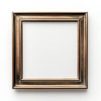 An empty, ornate picture frame with a metallic finish against a plain background. photo