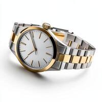 A stylish two-tone wristwatch with a minimalist design and a white dial. photo