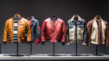 A display of various stylish jackets showcased on mannequins in a modern setting. photo