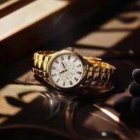 A golden wristwatch with a white face, elegantly displayed in soft lighting. photo
