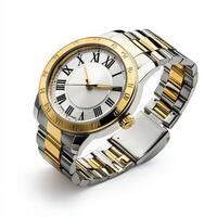 A stylish two-tone wristwatch with Roman numerals and a polished metal band. photo