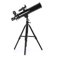 A black telescope mounted on a tripod, designed for stargazing and astronomical observations. photo
