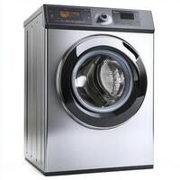 A modern washing machine with a large front door and digital controls for laundry photo