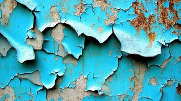 A close-up of peeling blue paint revealing rust and texture on a surface photo