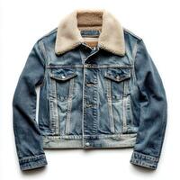A denim jacket featuring a shearling collar, designed for casual wear and warmth. photo