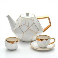 A modern geometric tea set featuring a teapot and cups with gold accents. photo