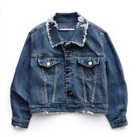 A denim jacket with a frayed collar and hem, showcasing casual fashion style. photo
