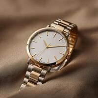 A stylish gold watch resting on a soft fabric surface, highlighting elegance and timekeeping. photo
