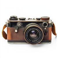 Vintage camera with leather accents and a prominent lens, designed for photography. photo
