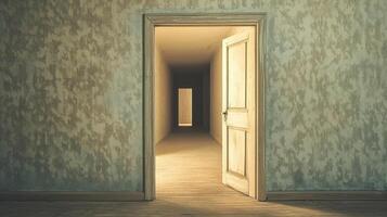 A doorway leads to a softly lit corridor, evoking mystery and exploration. photo