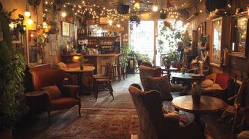 Cozy cafe interior with warm lighting, plants, and inviting seating for relaxation and socializing photo