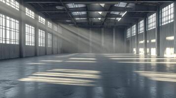 A spacious industrial interior with natural light filtering through large windows. photo