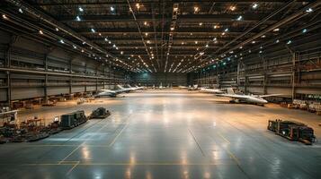 A spacious aircraft hangar housing several jets and equipment. photo