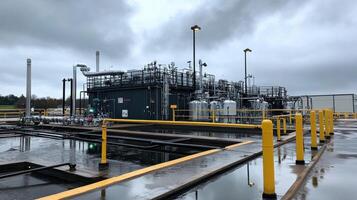 Industrial facility with pipes and tanks under a cloudy sky. photo
