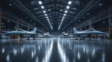 Two fighter jets in a spacious hangar, showcasing military aviation and engineering. photo