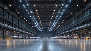 A spacious aircraft hangar with multiple planes lined up, illuminated by bright overhead lights. photo