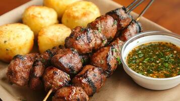 A la parrilla carne brochetas servido con inmersión salsa y horneado bienes. foto