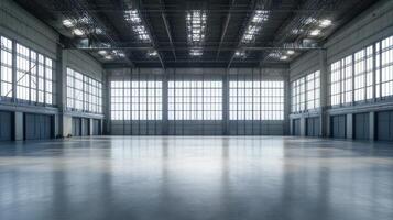 A spacious industrial interior with large windows and polished concrete flooring. photo