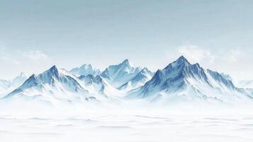 A serene winter landscape featuring majestic snow-covered mountains under a clear sky. photo