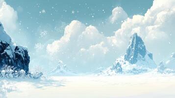 A serene winter landscape featuring snow-covered mountains and a tranquil sky. photo