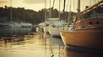 A serene sunset view of wooden boats docked in calm waters. photo