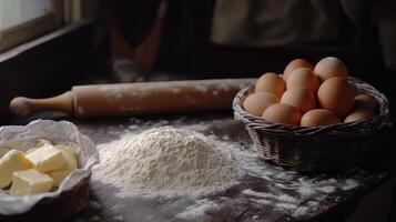 A rustic kitchen scene with eggs, flour, and butter, ready for baking photo
